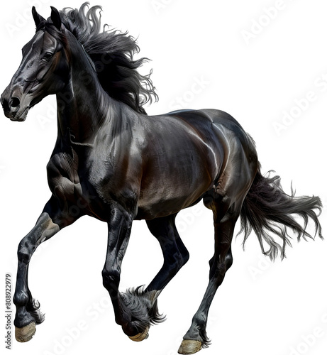 Majestic black horse with flowing mane cut out on transparent background