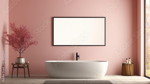 Modern and airy bathroom interior in 3D rendering  highlighting a pink wall with a blank framed poster  terrazzo floor  and beautifully diffused natural light