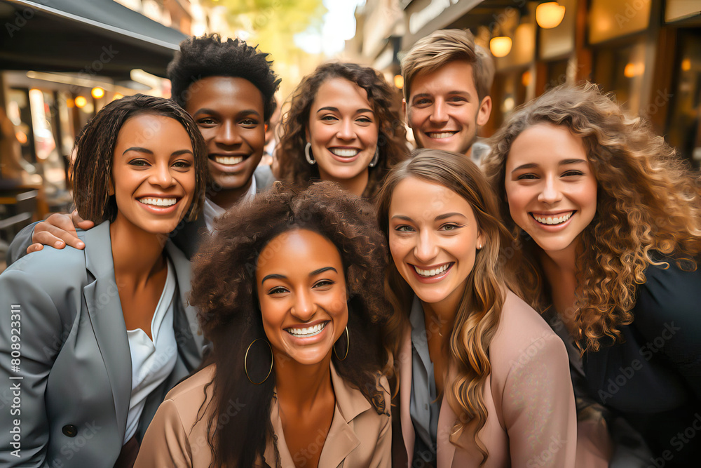 Low angle group portrait of cheerful business people looking at camera Low angle group portrait of cheerful business people looking at camera