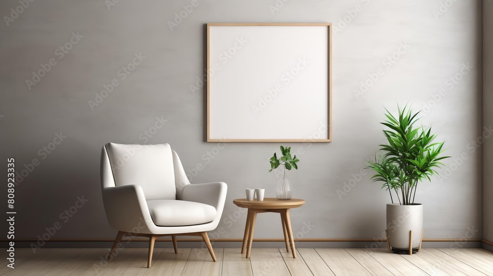 Modern living space with a blank frame mockup placed directly on the floor, against a simple, textured wall, perfect for a customizable display Modern living space with a blank frame mockup placed directly on the floor, against a simple, textured wall, perfect for a customizable display