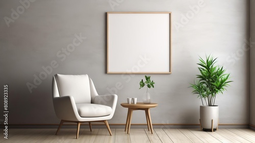 Modern living space with a blank frame mockup placed directly on the floor  against a simple  textured wall  perfect for a customizable display