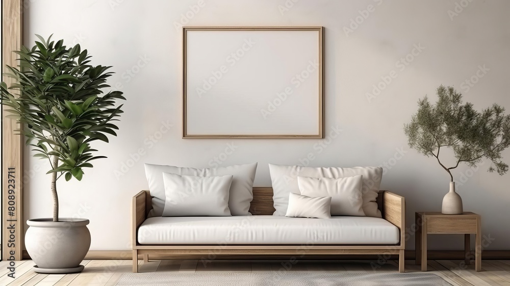 Fototapeta premium Relax room designed for comfort, including a cozy sofa, contemporary drawer, and a mockup frame beside a sweeping panoramic window