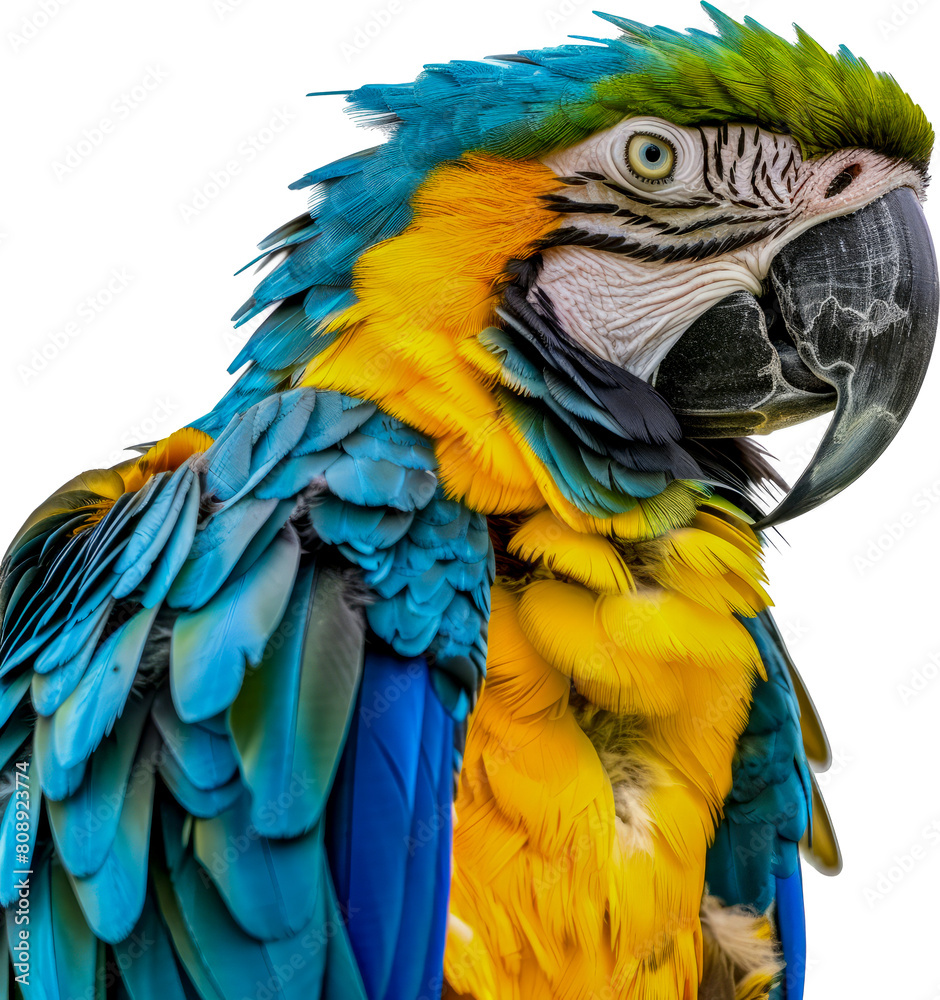 Blue and yellow macaw perched on a branch cut out on transparent background Blue and yellow macaw perched on a branch cut out on transparent background