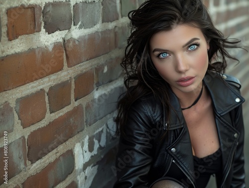 A woman in a black leather jacket is leaning against a brick wall. She has blue eyes and a red lip © MaxK