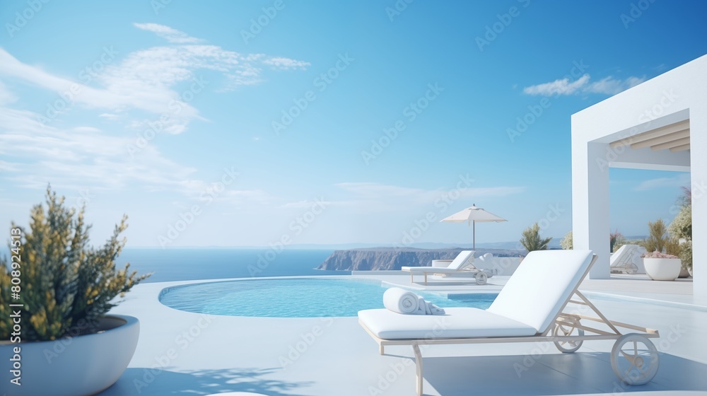 Fototapeta premium Sea view.Luxury modern white beach hotel with swimming pool. Sunbed on sundeck for vacation home or hotel.