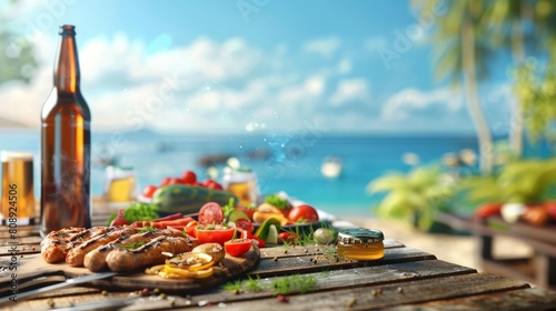 Summer BBQ: Showcase a barbecue scene with grilled food, condiments, and a chilled bottle of beer on the wooden table. The blurred sea serves as a backdrop, highlighting the outdoor summer gathering. 
