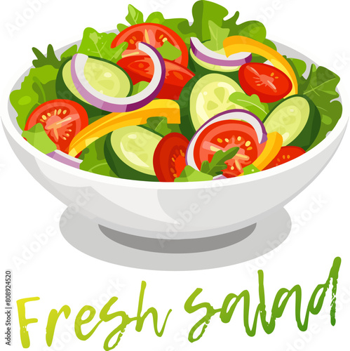 Vector icon fresh green salad in a white bowl on a white background. Delicious healthy salad overflowing with fresh green vegetables illustration. A variety of leafy greens, tomatoes, cucumber slices