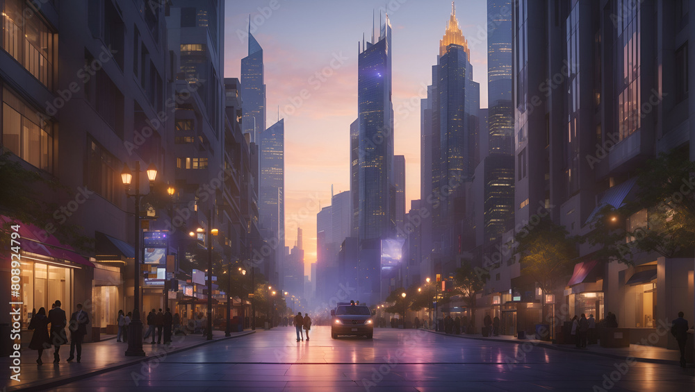 The magic of twilight, with skyscrapers illuminated from within, casting a warm and inviting glow The magic of twilight, with skyscrapers illuminated from within, casting a warm and inviting glow