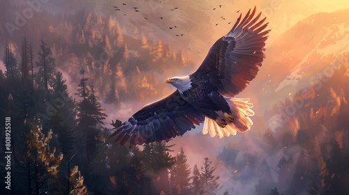 4K wallpaper of a majestic bald eagle in flight over a forested valley, its wings fully extended and catching the first light of dawn photo