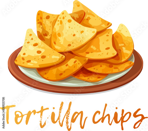 Vector illustration of a plate of nachos on a white background. Cartoon icon a plate piled high with triangle-shaped tortilla chips. A popular Mexican snack food