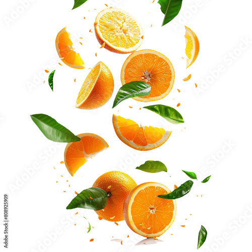 Orange fruit falling and flying on transparent background. Realistic vector illustration for promotion and advertising.