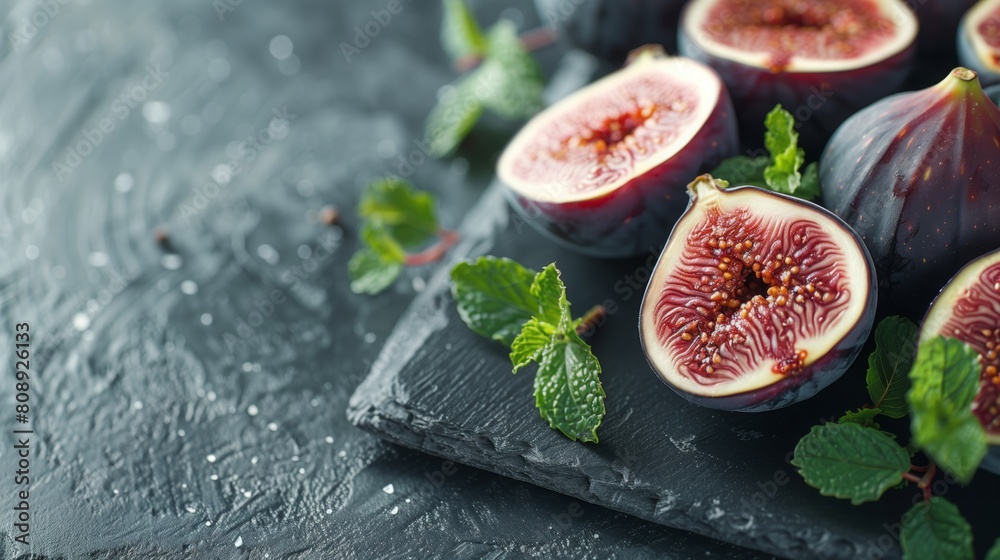 Halved fresh figs with vibrant leaves elegantly displayed on a slate board