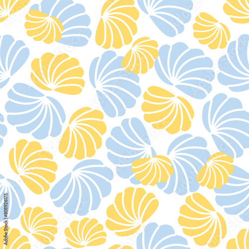 Delicate vector seamless pattern with yellow and blue hand-drawn shells on a white background. Marine motifs for your design
