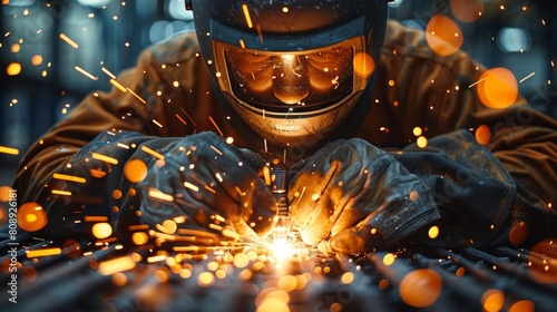 Close-up view of a man worker welding in high-tech industrial setting, electric arcs and sparks. Generative AI.