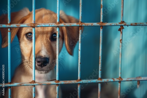 Dog puppies are behind bars, dogs in captivity, kennel, dog overstay, capturing stray animals photo