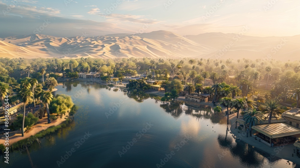 view of the Oasis in the desert in the morning.AI generated image view of the Oasis in the desert in the morning.AI generated image