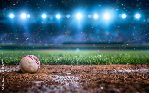 The baseball field in the stadium, decorated with shining floodlights, awaits the competition between teams, filled with anticipation and hope for victory. photo