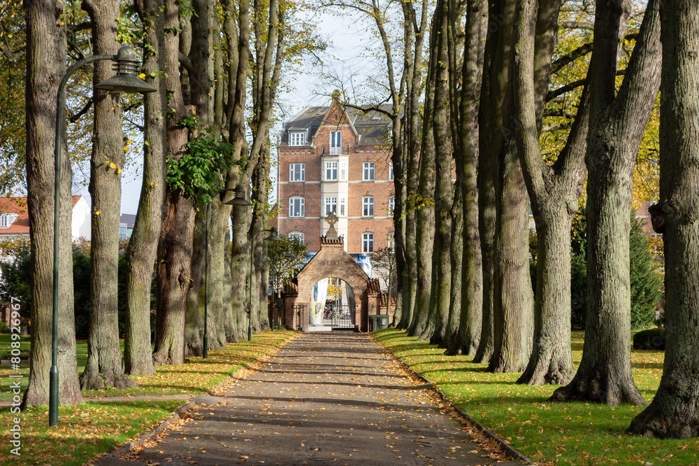 Alley with trees and red brick gate of Greyfriars Cemetery, Roskilde built 1853 Alley with trees and red brick gate of Greyfriars Cemetery, Roskilde built 1853