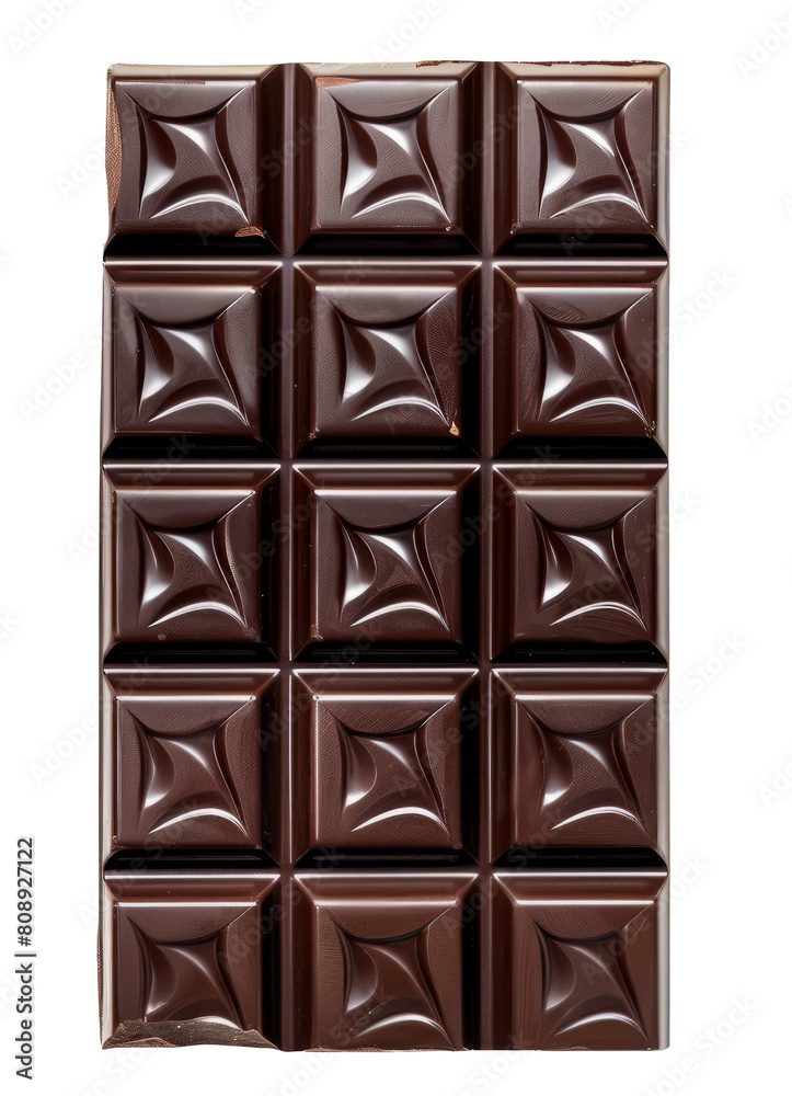 Dark chocolate bar with square pattern cut out on transparent background Dark chocolate bar with square pattern cut out on transparent background