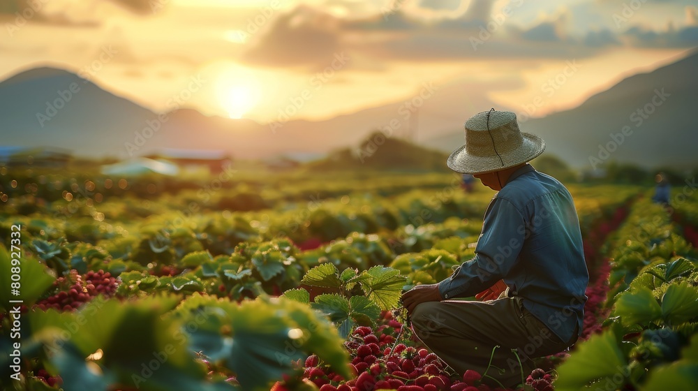 Man with straw hat working in strawberry plantation at dawn. Generative AI.