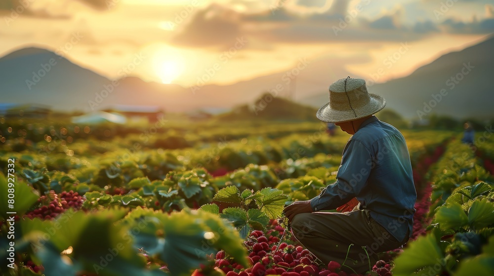 Man with straw hat working in strawberry plantation at dawn. Generative AI. Man with straw hat working in strawberry plantation at dawn. Generative AI.