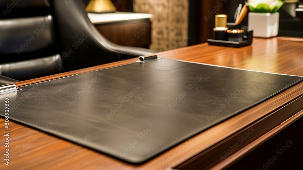 High-end leather desk pad, leather desk pad sits on polished wooden desk in home office, pen pencil supply accessory executive High-end leather desk pad, leather desk pad sits on polished wooden desk in home office, pen pencil supply accessory executive