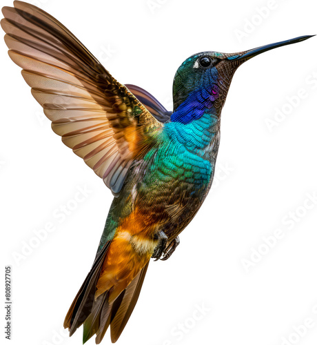Colorful hummingbird with iridescent plumage cut out on transparent background