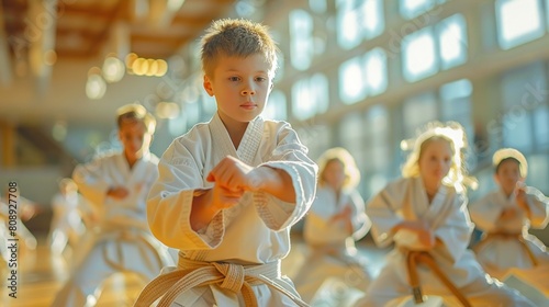 Young Karate fighters, school age children practising karate. They are all dressed in karategi-karate uniform. Interior of karate school in Mississauga, Ontario in Canada. photo