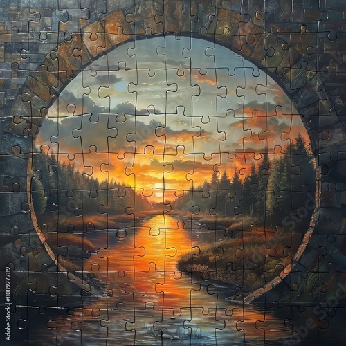 A poetic depiction of an arch bridge spanning a river reflecting a puzzle piece sunset