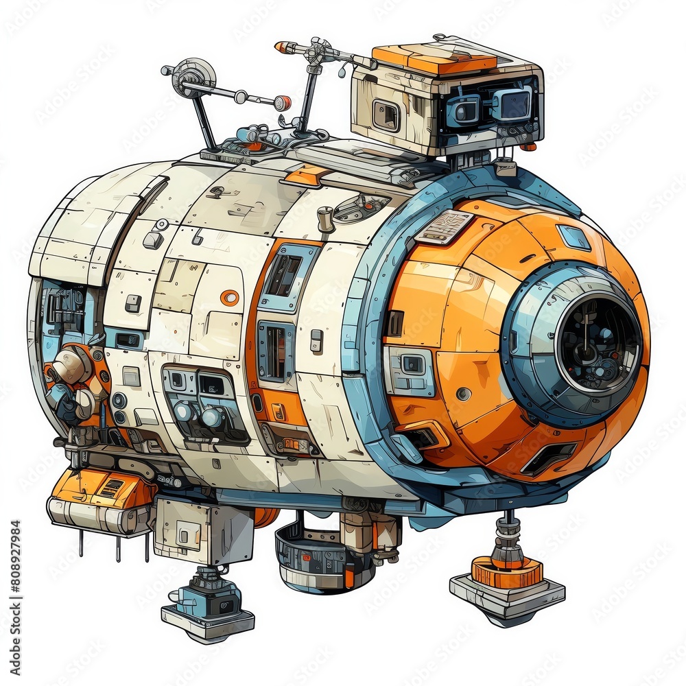 A retro futuristic spaceship with white, orange and blue colors A retro futuristic spaceship with white, orange and blue colors