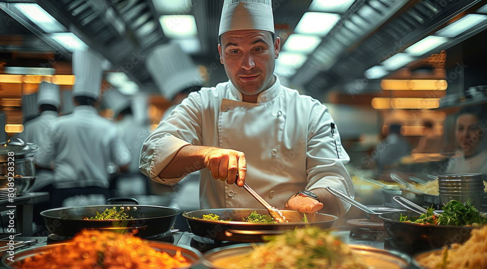 Chef working in large luxurious hotel kitchen. Generative AI. Chef working in large luxurious hotel kitchen. Generative AI.