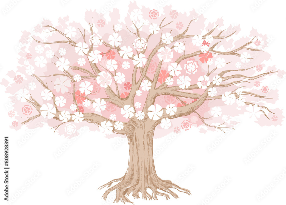 Cherry or apple tree in bloom. Large hand-drawn illustration can be used as a background and as a design element. Cherry or apple tree in bloom. Large hand-drawn illustration can be used as a background and as a design element.