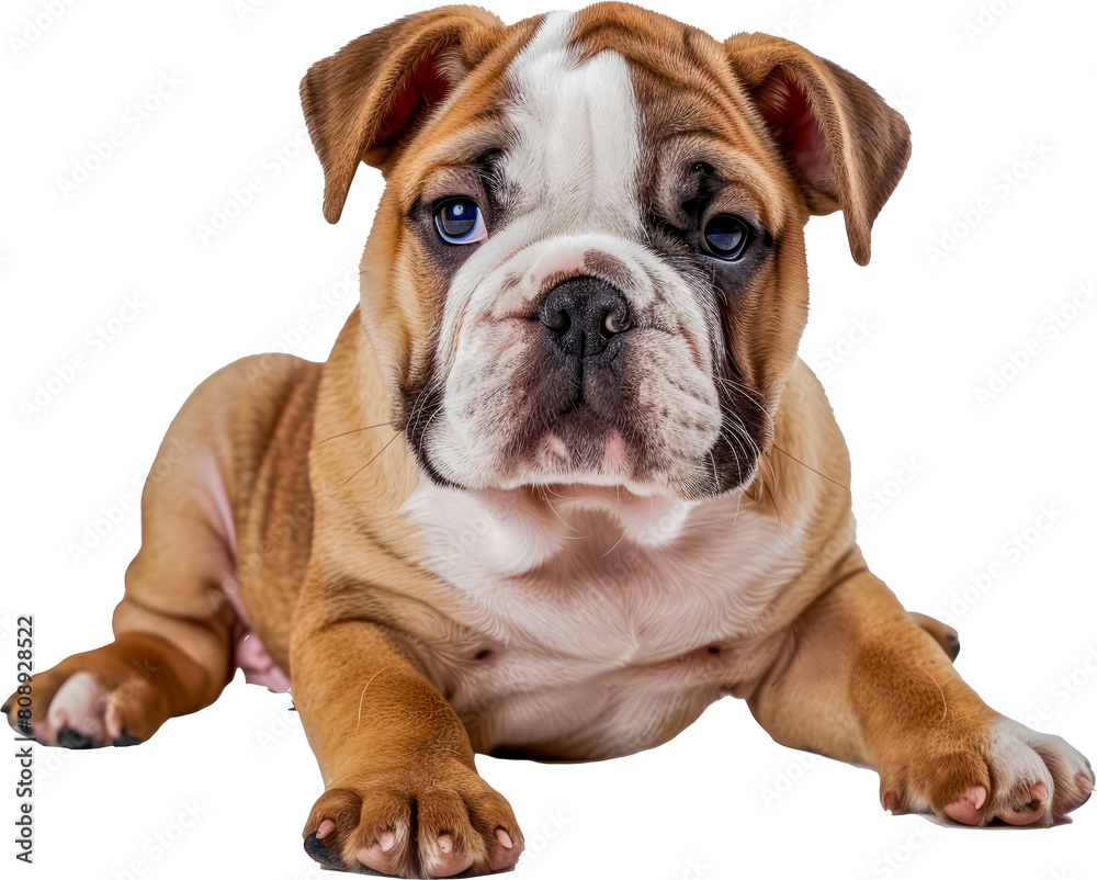 A cute brown and white puppy is sitting cut out on transparent background