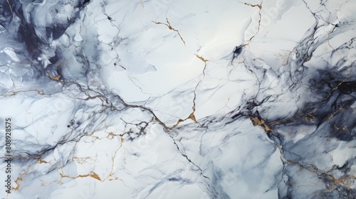 High-quality image of luxurious white marble texture with intricate blue and gold veins, ideal for backgrounds, wallpaper, or design elements in sophisticated interior decor projects