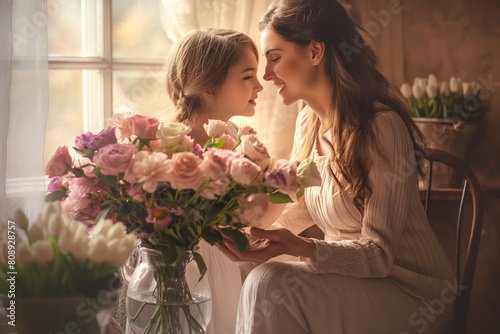 mother and girl hugging, Place the flowers in a vase, basket, or any other container you prefer. Arrange the daughter and mom in front of or beside the flowers