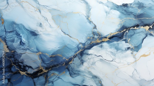 High-resolution image showcasing a stunning blue and white marble texture with intricate golden veins, perfect for elegant background or luxury design elements photo