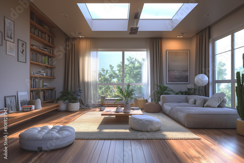 modern living room with sofa  Simulate natural light streaming into the room through windows or skylights to create a bright and airy atmosphere