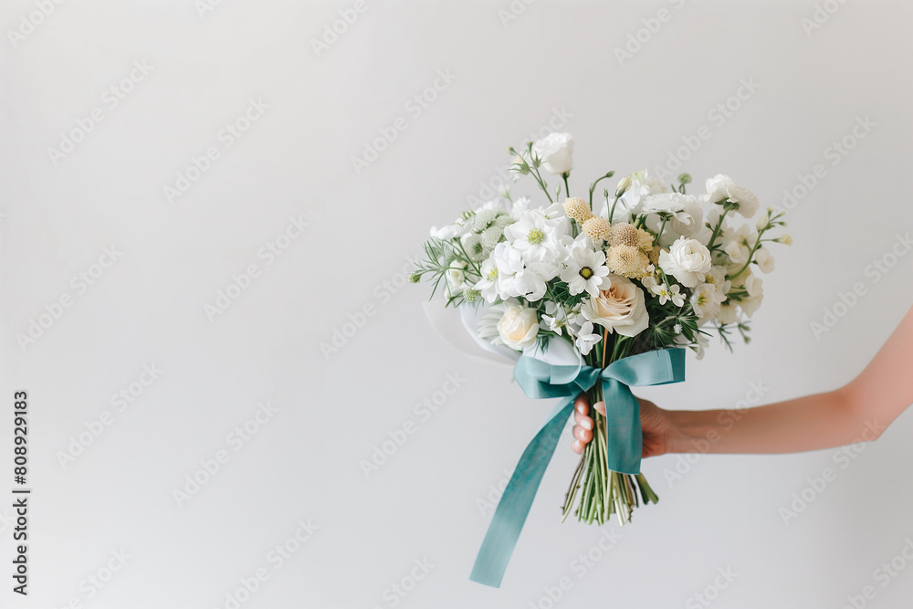 Woman hand holding pretty bunch white peach blue elegant mixed flower bow bouquet arrangement garden pose sweet flowers minimalistic modern floristry florist bridal bloom isolated plain background Woman hand holding pretty bunch white peach blue elegant mixed flower bow bouquet arrangement garden pose sweet flowers minimalistic modern floristry florist bridal bloom isolated plain background