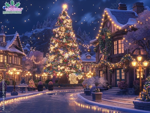 A Christmas scene with a large tree in the center of the image. The tree is surrounded by lights and decorations  and there are houses in the background. Scene is festive and joyful