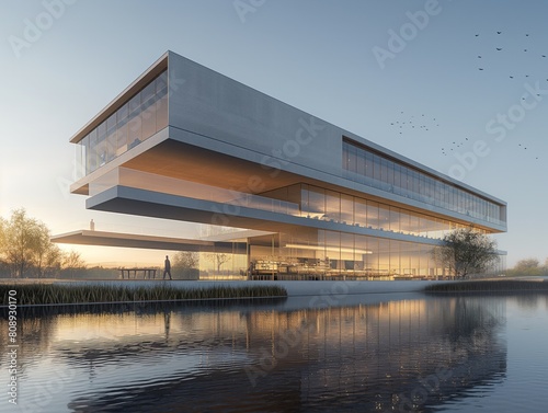 A tall building with a glass facade and a large glass window. The building is surrounded by water and trees © MaxK