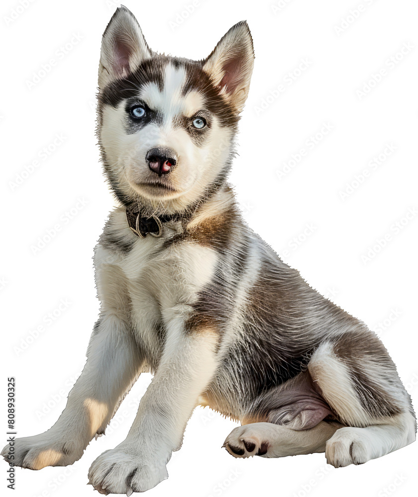 Husky puppy sitting isolated cut out on transparent background