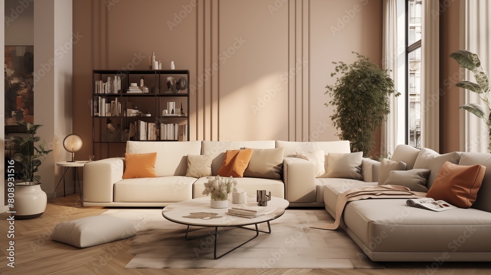 Stylish studio apartment interior with comfortable beige sofa.