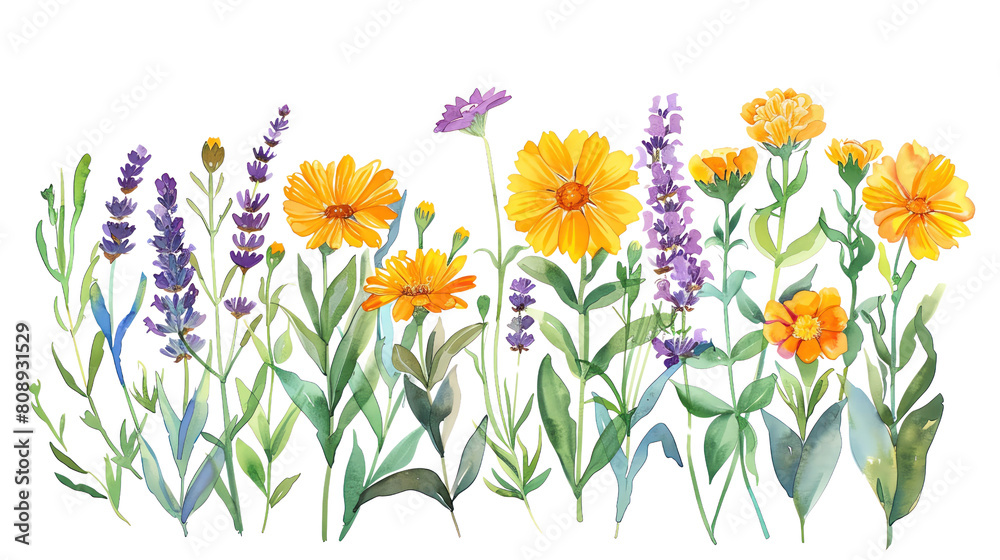 Watercolor illustration of healing garden flowers Calendula, Lavender, Yarrow, Aloe soothing and medicinal, isolated on transparent background