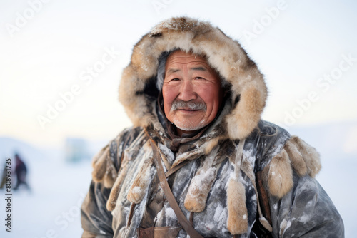Cheerful Inuit man in hooded fur parka in Arctic region