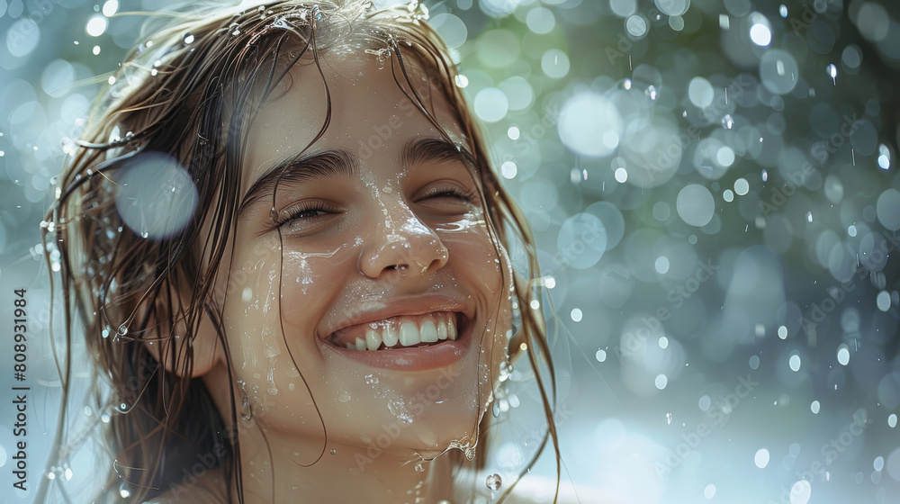 Φωτογραφία Happy girl with perfect laughing and smiling in the rain with white shirt