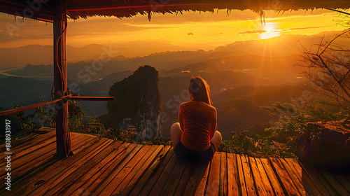 Picture from the back of a woman sitting on wooden porch extending into a high mountain cliff. The sun is setting on the mountain and there is a beautiful warm orange light. The traveling background. photo