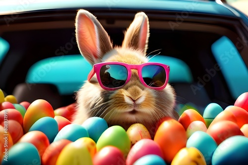 Funny and cute Easter bunny with brightly colored eggs in a car while sporting lovely sunglasses. Easter theme and decorations for spring. 