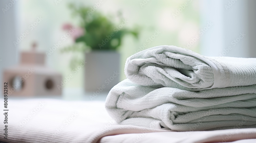 A stack of fresh, plush white towels neatly folded on a comfortable bed in a cozy bedroom, exuding elegance and comfort, creating a serene atmosphere for relaxation and tranquility. A stack of fresh, plush white towels neatly folded on a comfortable bed in a cozy bedroom, exuding elegance and comfort, creating a serene atmosphere for relaxation and tranquility.