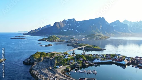 Beautiful Lofoten islands in Norway. Aerial view of Hamnøy fisher village. Famous tourist spot.	 photo