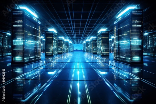 A Nighttime Glimpse into a High-Tech Data Center with Neon Lights Reflecting off Rows of Servers